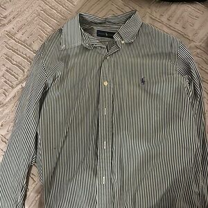 Men’s Ralph Lauren Dress Shirt- Green stripes. Purple logo.